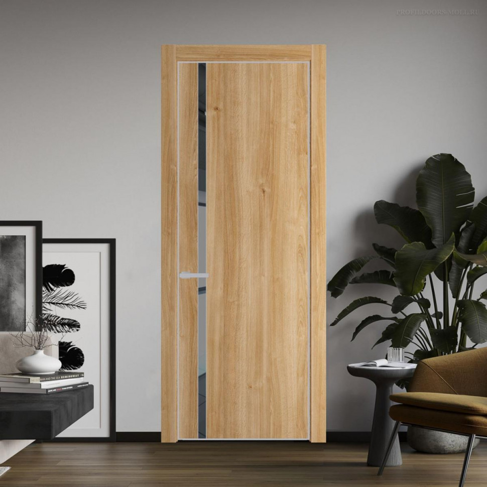 Межкомнатная дверь ProfilDoors 21 NE Дуб Карамель с кромкой Матовая с стекляной вставкой зеркало grey