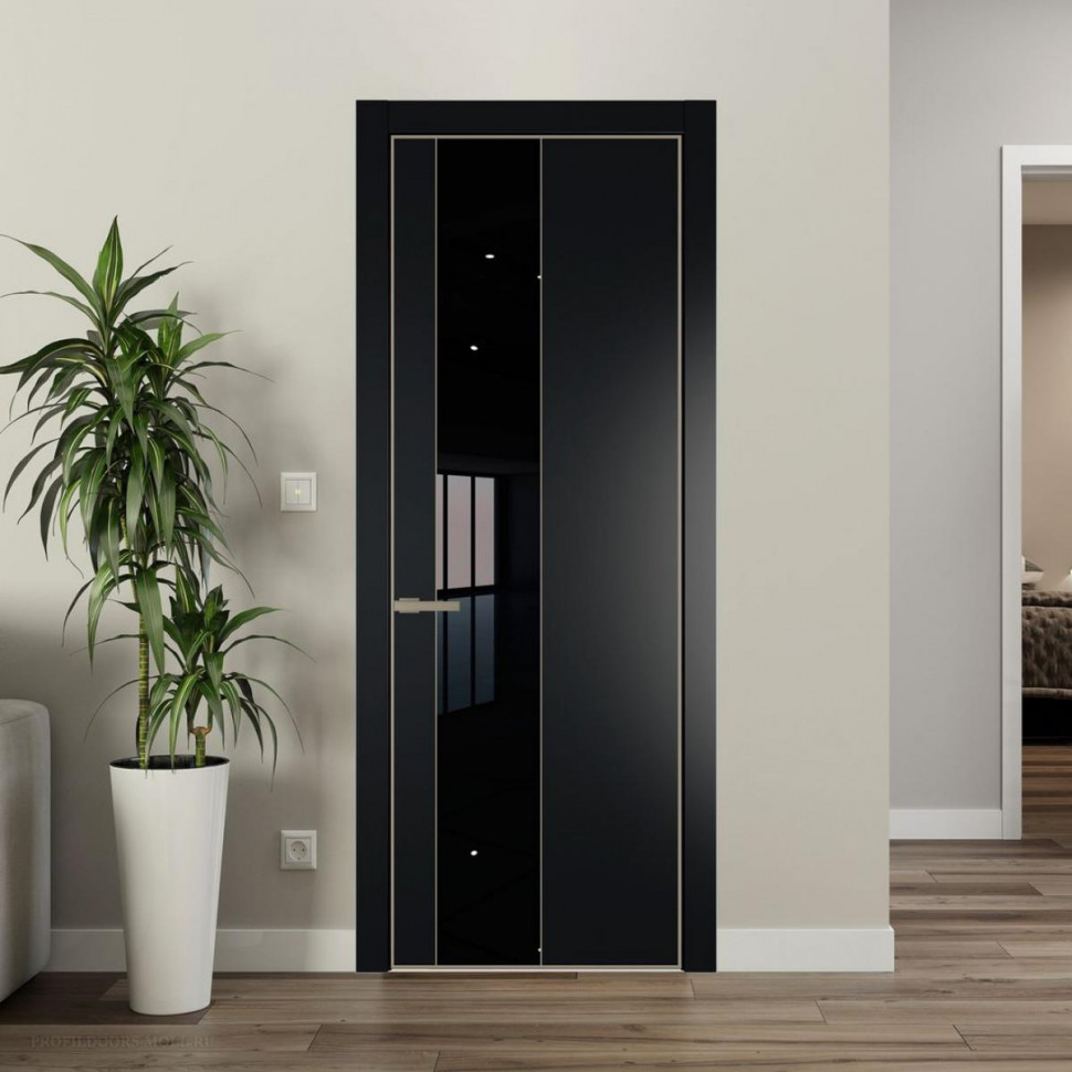 Межкомнатная дверь ProfilDoors 19 PE с вставкой из стекла черный лак Блэк с алюминиевой кромкой Никель