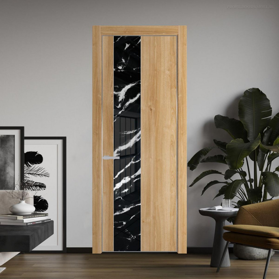 Межкомнатная дверь ProfilDoors 19 NE Дуб Карамель с кромкой Серебро с стекляной вставкой нефи черный узор серебро