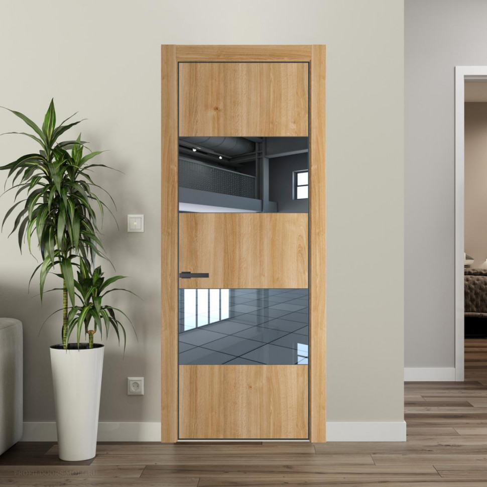 Межкомнатная дверь ProfilDoors 22NA Дуб Карамель профиль Серая Ночь вставка Зеркало