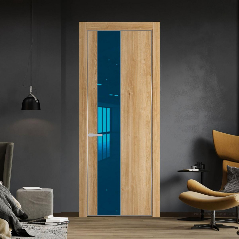 Межкомнатная дверь ProfilDoors 19 NE Дуб Карамель с кромкой Серебро с стекляной вставкой зеркало blue