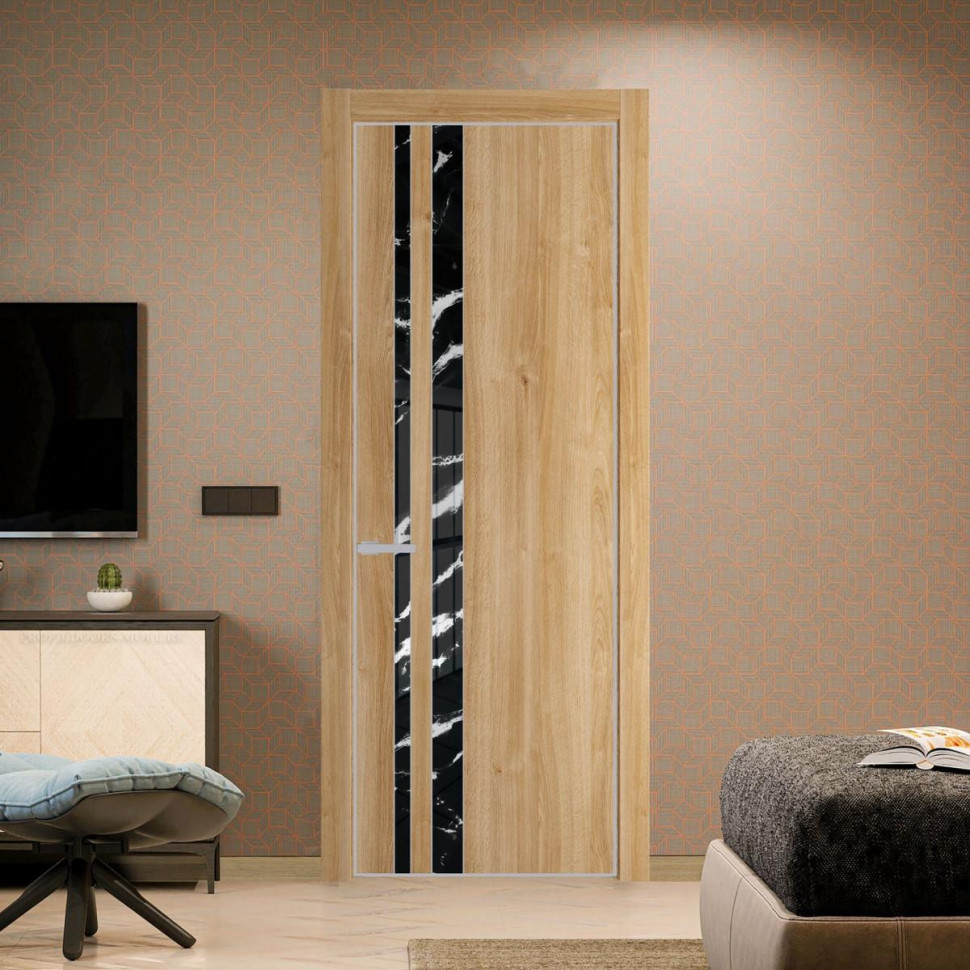 Межкомнатная дверь ProfilDoors 20 NE Дуб Карамель с кромкой Матовая с стекляной вставкой нефи черный узор серебро