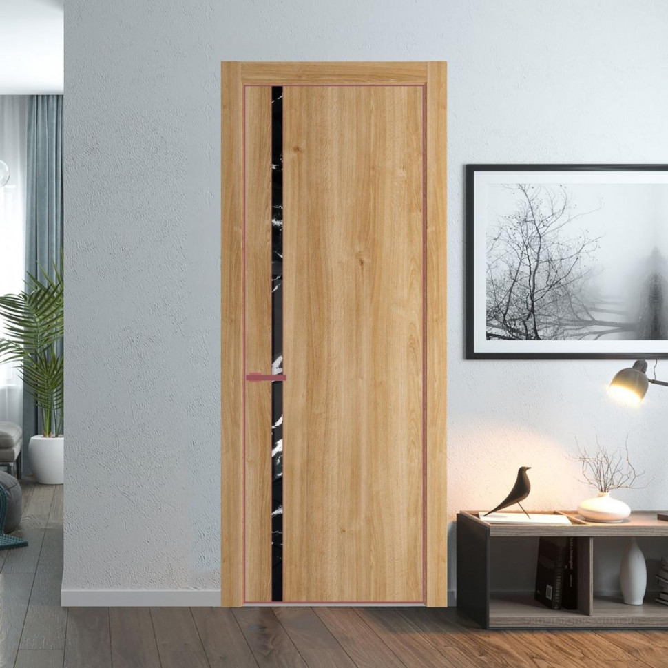 Межкомнатная дверь ProfilDoors 21 NE Дуб Карамель с кромкой Красный антрацит с стекляной вставкой нефи черный узор серебро
