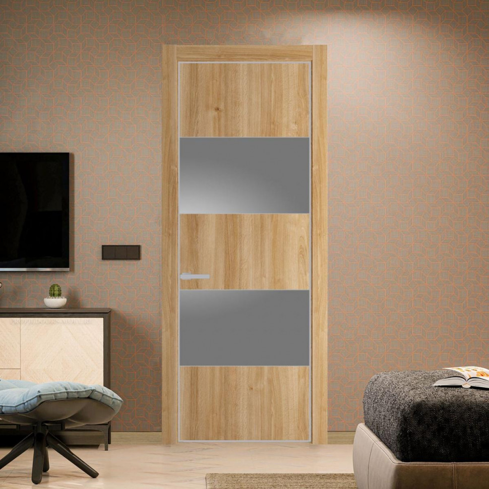 Межкомнатная дверь ProfilDoors 22 NE Дуб Карамель с кромкой Матовая с стекляной вставкой серебро матлак