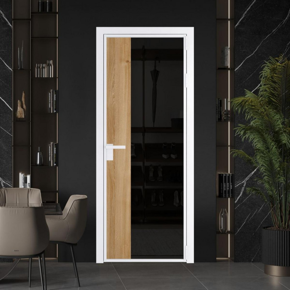 Межкомнатная дверь ProfilDoors 7 AG стекло Черное тонированное цвет профиля Вайт вставка Дуб Карамель