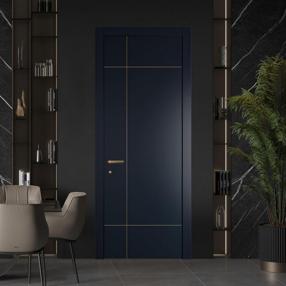 Межкомнатная дверь ProfilDoors 44 PWB Нэви Блу глухая с молдингом из латуни 4 мм
