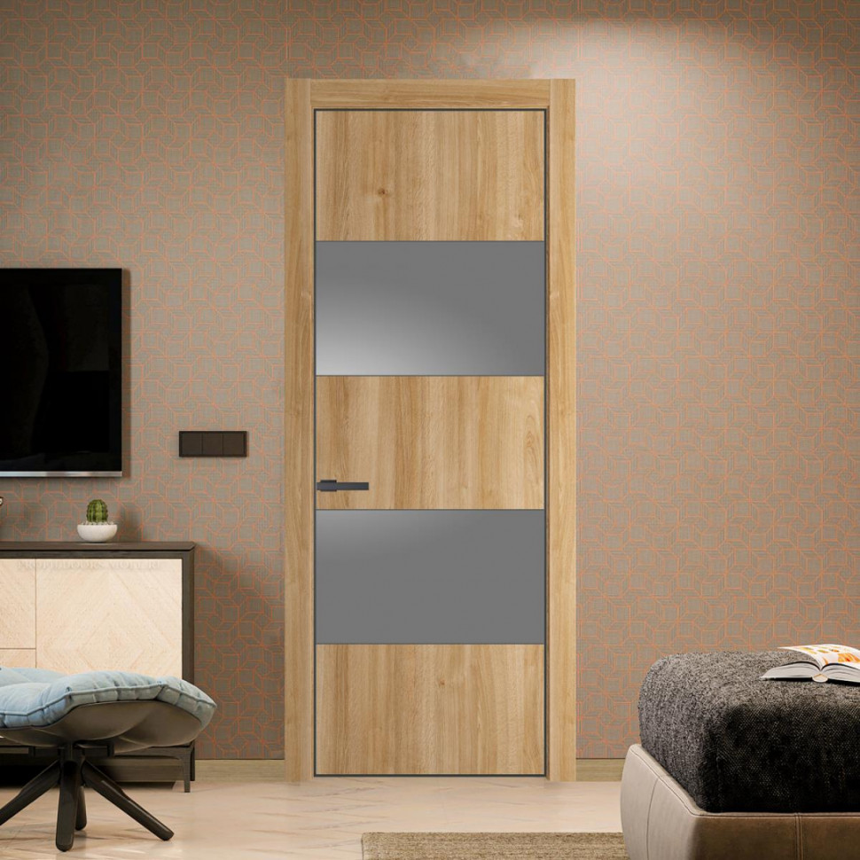 Межкомнатная дверь ProfilDoors 22NA Дуб Карамель профиль Серая Ночь вставка Lacobel Серебряный лак