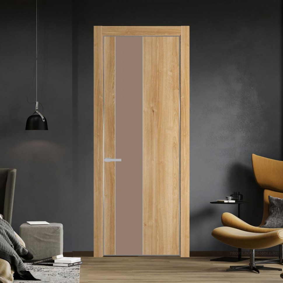 Межкомнатная дверь ProfilDoors 19 NE Дуб Карамель с кромкой Серебро с стекляной вставкой монохром капучино