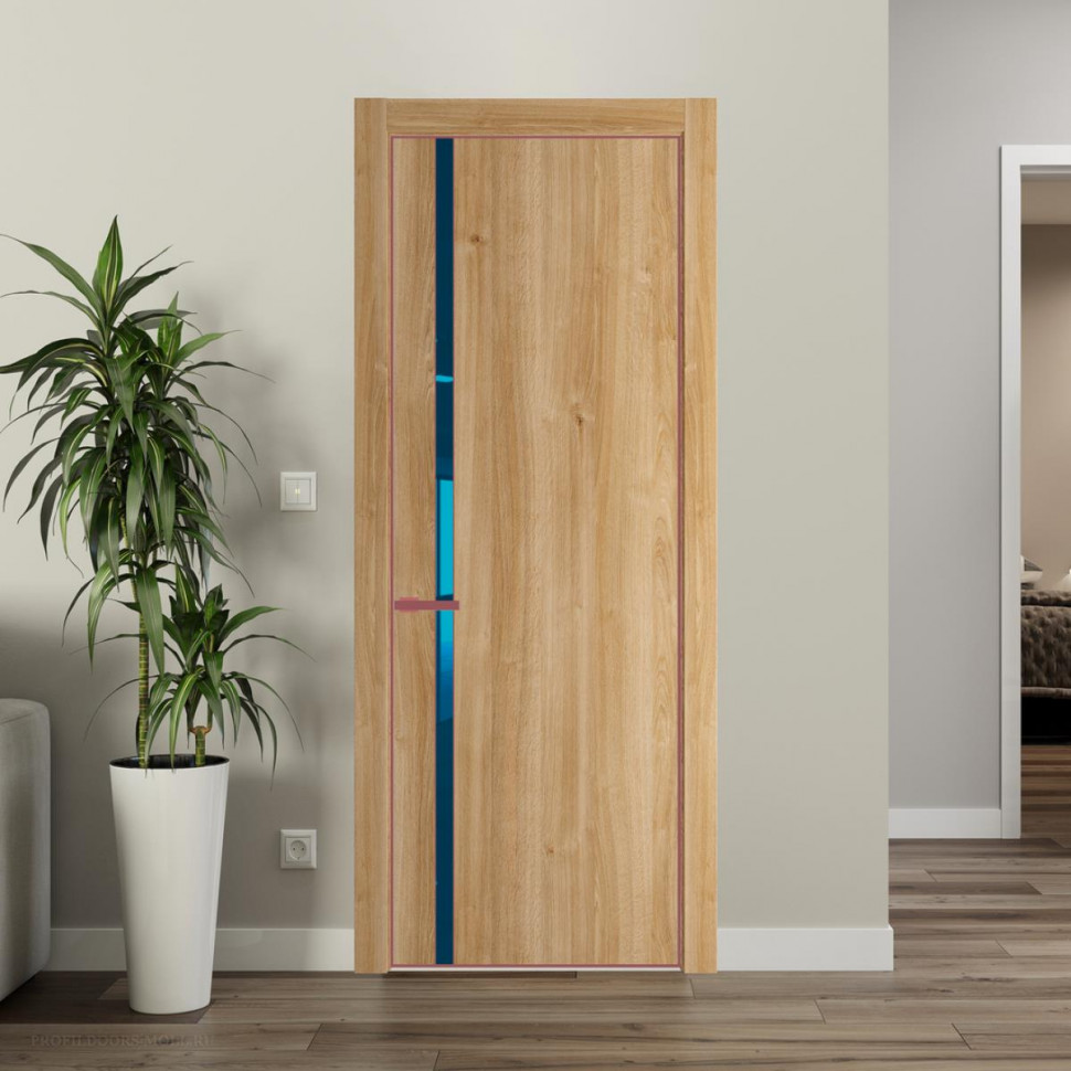 Межкомнатная дверь ProfilDoors 21NA Дуб Карамель профиль Красный антрацит вставка Зеркало Blue