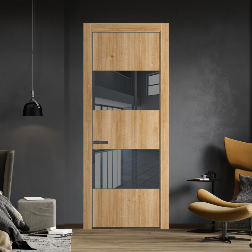 Межкомнатная дверь ProfilDoors 22NA Дуб Карамель профиль Серая Ночь вставка Зеркало Grey