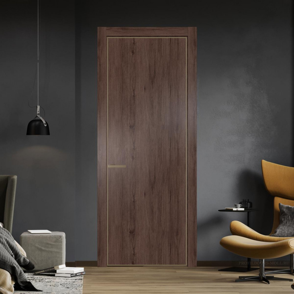 Межкомнатная дверь ProfilDoors 1NA Дуб Тобакко профиль Шампань вставка Глухая