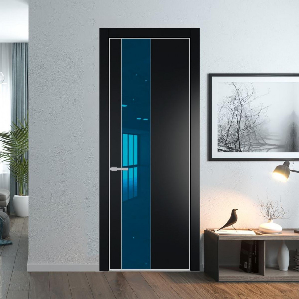Межкомнатная дверь ProfilDoors 19 PE с вставкой из стекла зеркало blue Блэк с алюминиевой кромкой Матовая