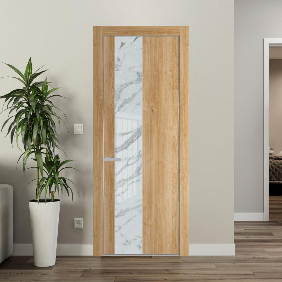 Межкомнатная дверь ProfilDoors 19 NE Дуб Карамель с кромкой Серебро с стекляной вставкой нефи белый узор серебро