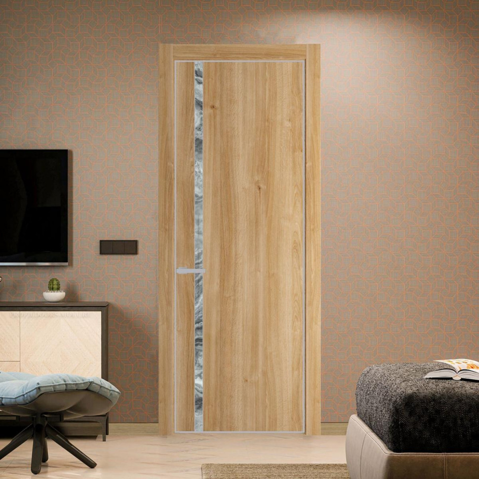Межкомнатная дверь ProfilDoors 21 NE Дуб Карамель с кромкой Матовая с стекляной вставкой атриум серебро