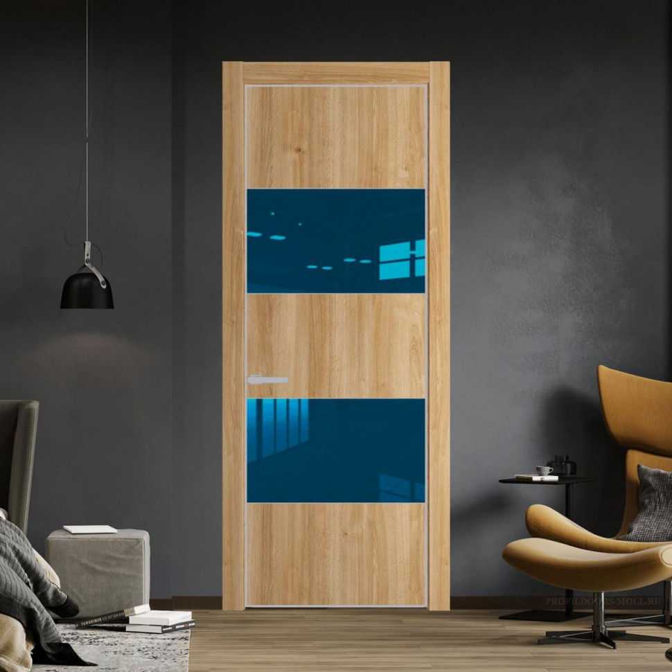 Межкомнатная дверь ProfilDoors 22 NE Дуб Карамель с кромкой Матовая с стекляной вставкой зеркало blue
