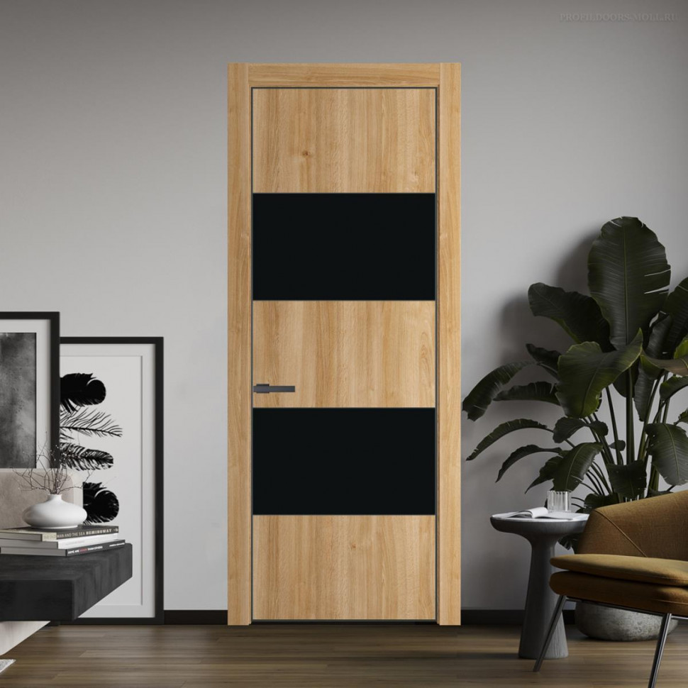 Межкомнатная дверь ProfilDoors 22NA Дуб Карамель профиль Серая Ночь вставка Монохром черный