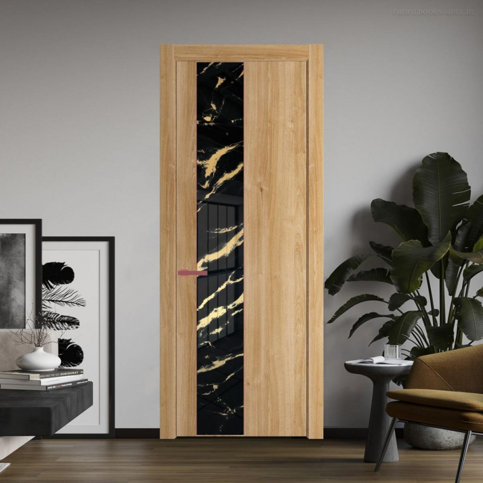 Межкомнатная дверь ProfilDoors 19 NW Дуб Карамель молдинг Красный антрацит стекло Нефи черный узор золото