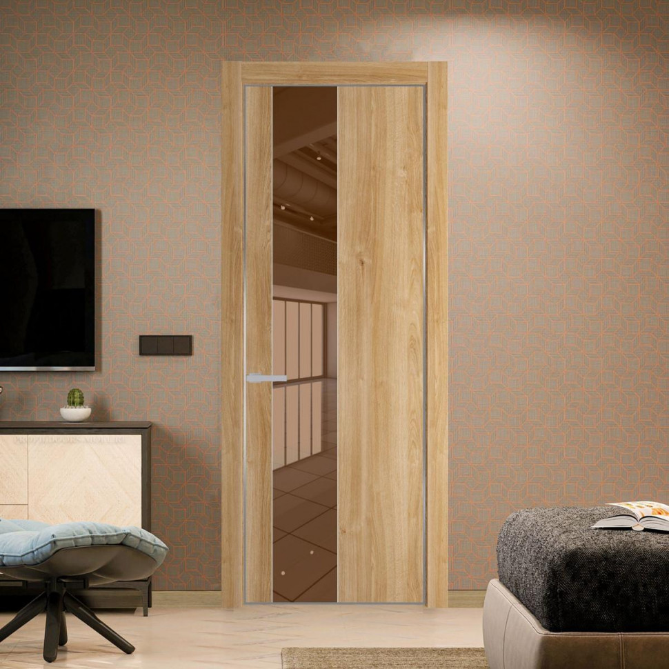 Межкомнатная дверь ProfilDoors 19 NE Дуб Карамель с кромкой Серебро с стекляной вставкой зеркало bronze