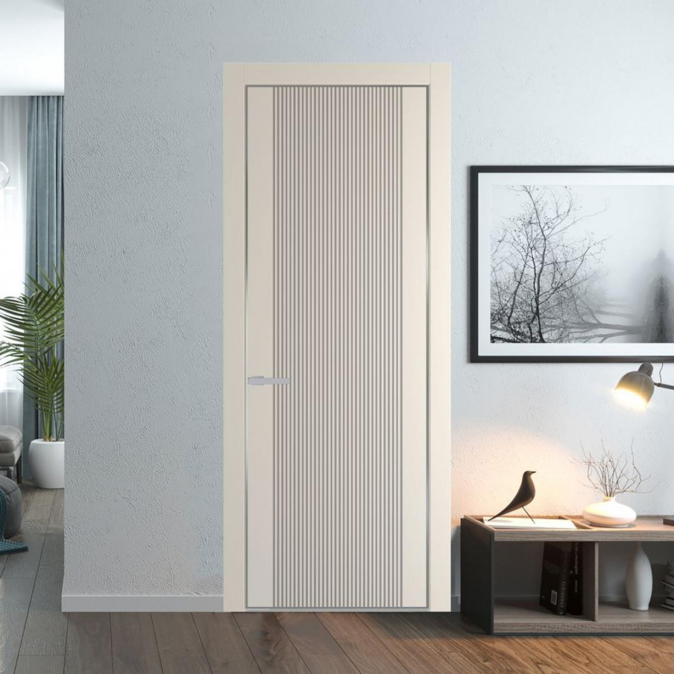 Межкомнатная дверь ProfilDoors 37 PE с фрезерованным рисунком Кремовая Магнолия с алюминиевой кромкой Серебро