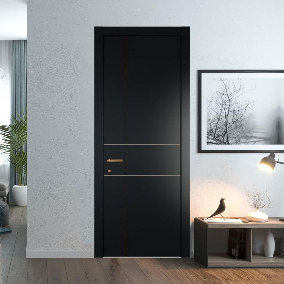Межкомнатная дверь ProfilDoors 46 PWB Блэк глухая с молдингом из латуни 4 мм