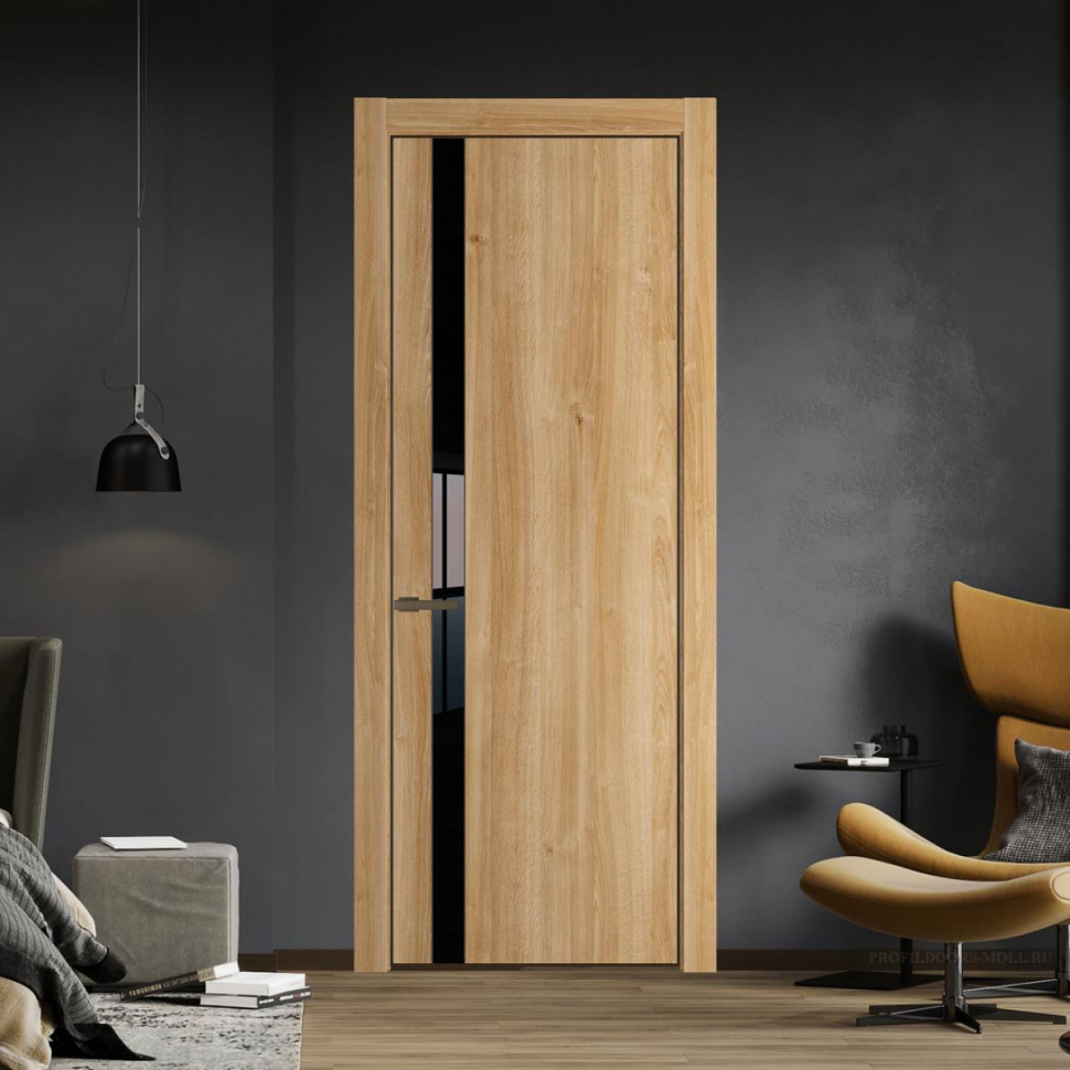 Межкомнатная дверь ProfilDoors 18NA Дуб Карамель профиль Деорэ вставка Lacobel Черный лак