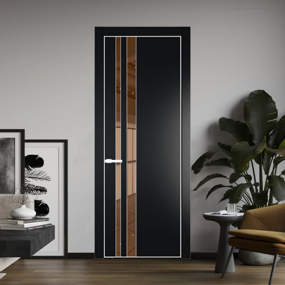 Межкомнатная дверь ProfilDoors 20 PA Блэк с профилем Вайт с стеклом  зеркало bronze