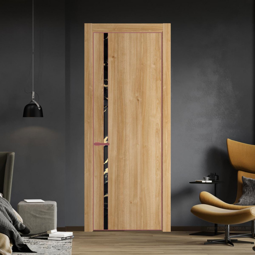 Межкомнатная дверь ProfilDoors 21NA Дуб Карамель профиль Красный антрацит вставка Нефи черный узор золото