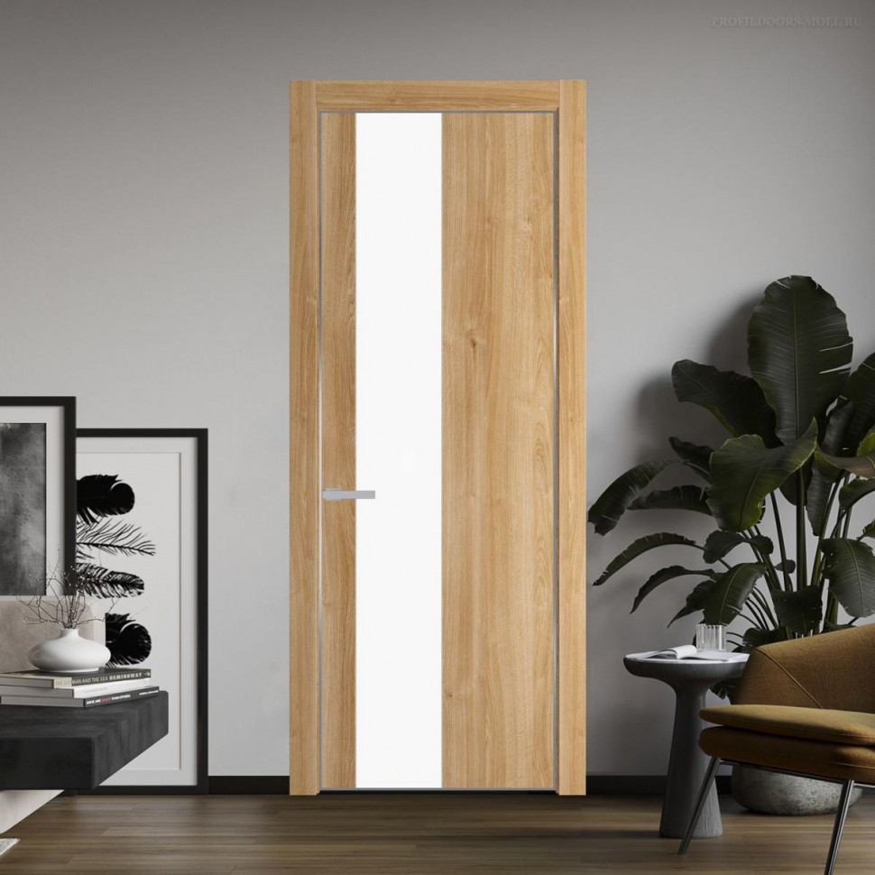 Межкомнатная дверь ProfilDoors 19 NE Дуб Карамель с кромкой Серебро с стекляной вставкой монохром белый просветленный