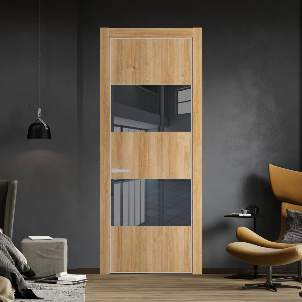 Межкомнатная дверь ProfilDoors 22 NE Дуб Карамель с кромкой Матовая с стекляной вставкой зеркало grey