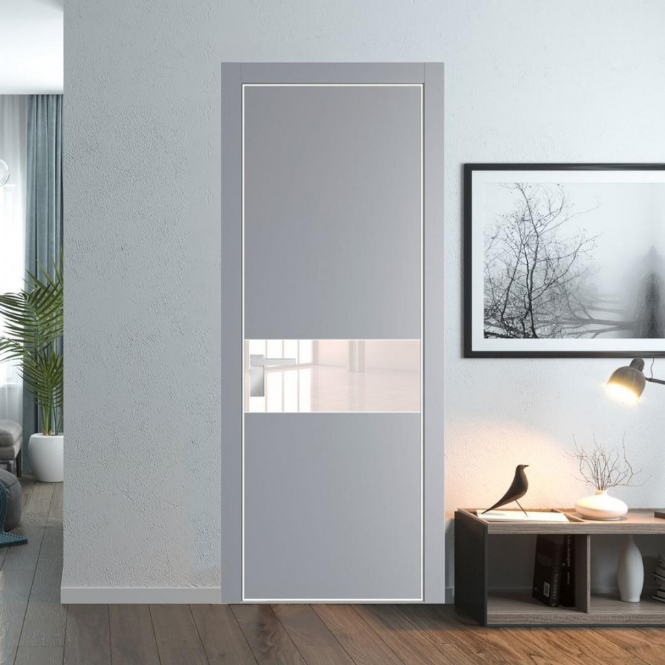 Межкомнатная дверь ProfilDoors 17 PE с вставкой из стекла перламутровый лак Смоки с алюминиевой кромкой Вайт