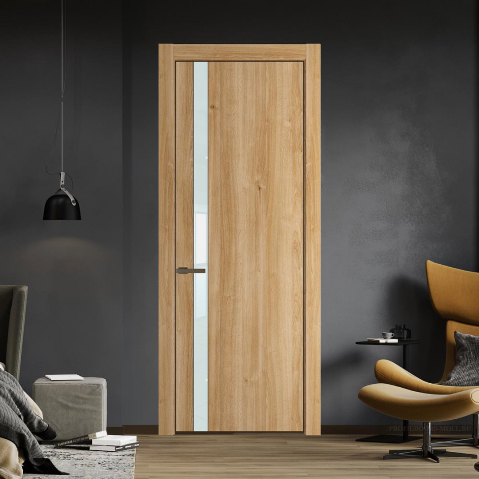 Межкомнатная дверь ProfilDoors 18NA Дуб Карамель профиль Деорэ вставка Lacobel Белый лак