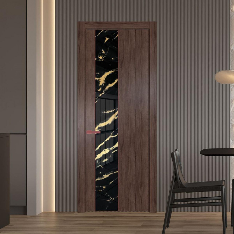 Межкомнатная дверь ProfilDoors 19 NW Дуб Тобакко молдинг Красный антрацит стекло Нефи черный узор золото