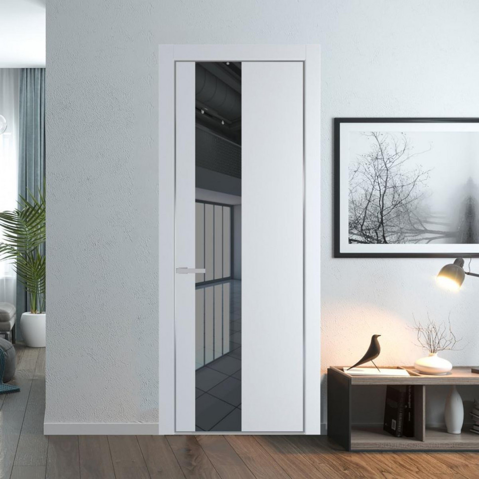 Межкомнатная дверь ProfilDoors 19 PA Вайт с профилем Серебро с стеклом  зеркало grey