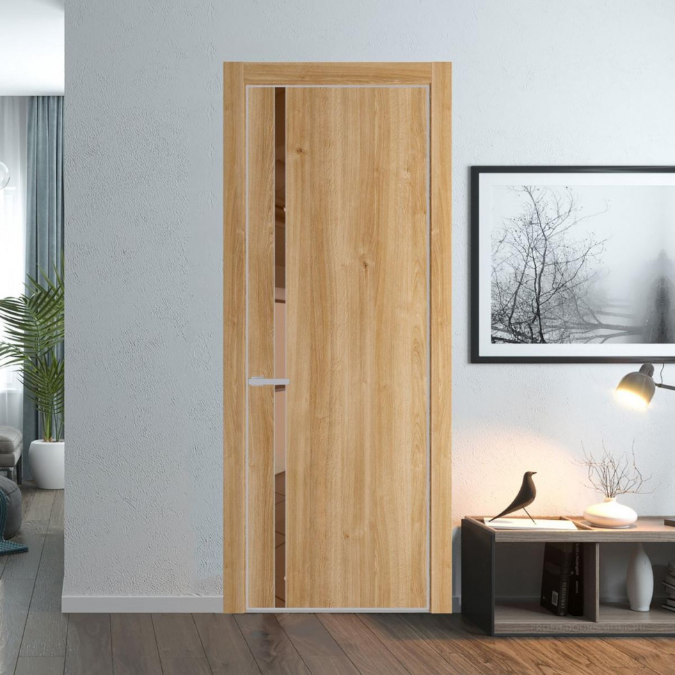 Межкомнатная дверь ProfilDoors 21 NE Дуб Карамель с кромкой Матовая с стекляной вставкой зеркало bronze