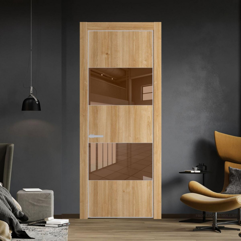 Межкомнатная дверь ProfilDoors 22 NE Дуб Карамель с кромкой Матовая с стекляной вставкой зеркало bronze