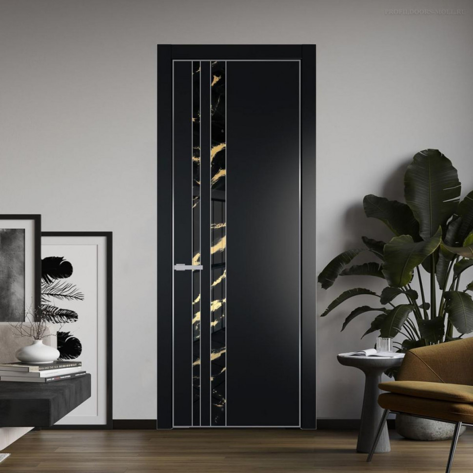 Межкомнатная дверь ProfilDoors 20 PA Блэк с профилем Серебро с стеклом  нефи черный узор золото