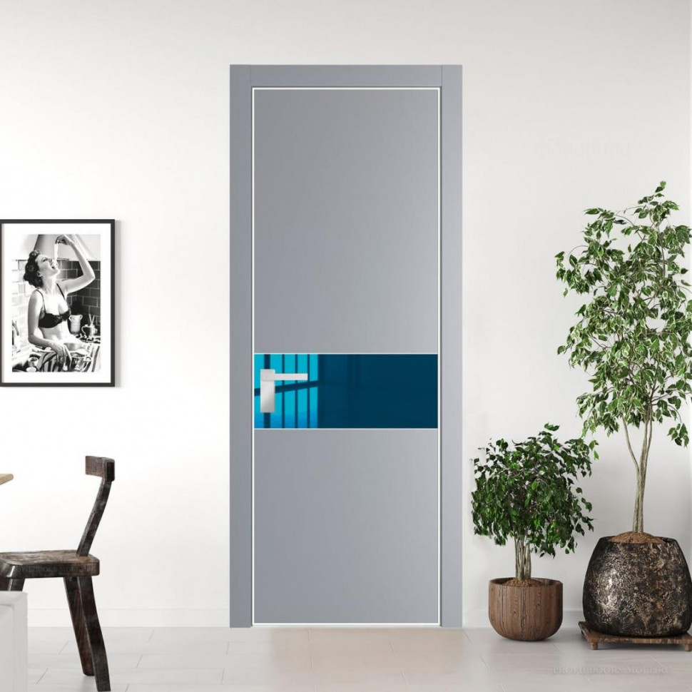 Межкомнатная дверь ProfilDoors 17 PE с вставкой из стекла зеркало blue Смоки с алюминиевой кромкой Вайт