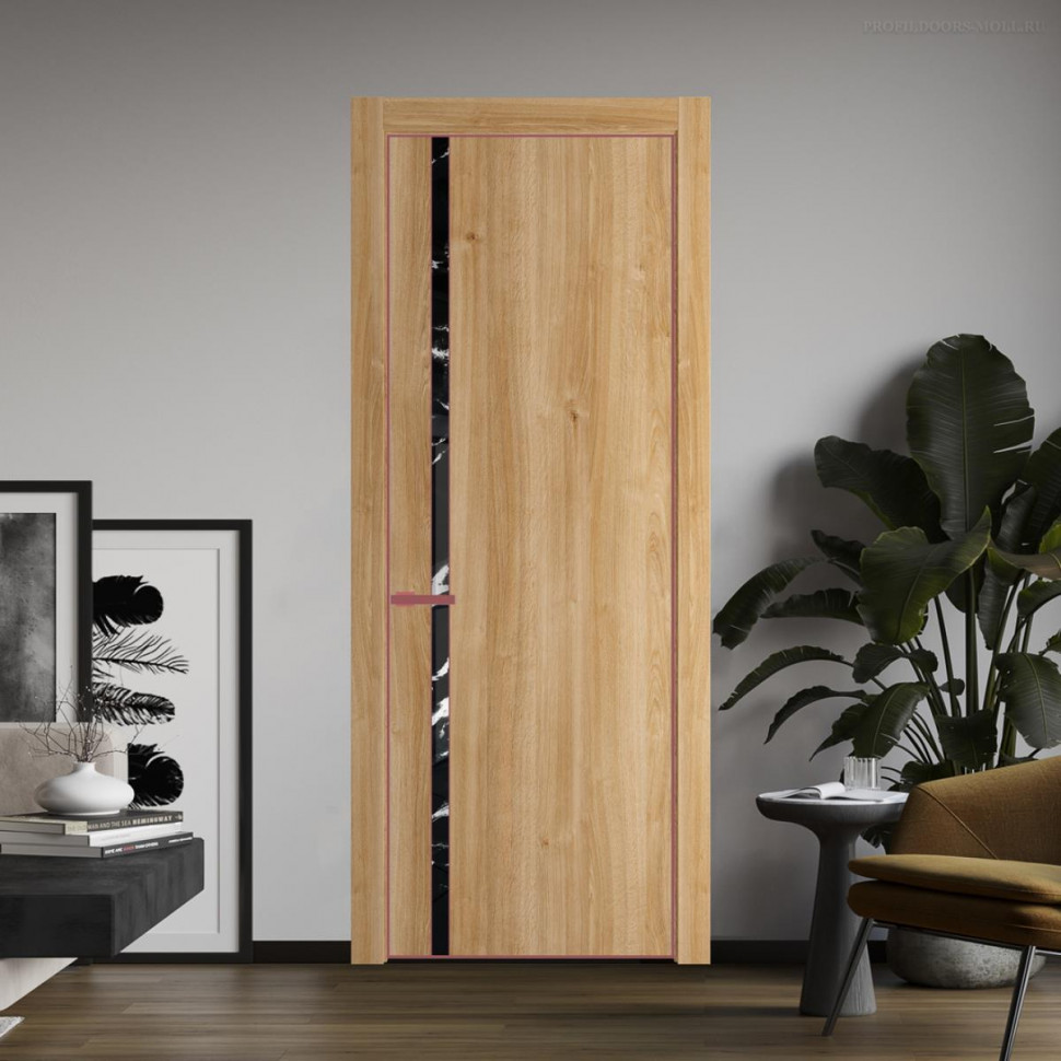 Межкомнатная дверь ProfilDoors 21NA Дуб Карамель профиль Красный антрацит вставка Нефи черный узор серебро