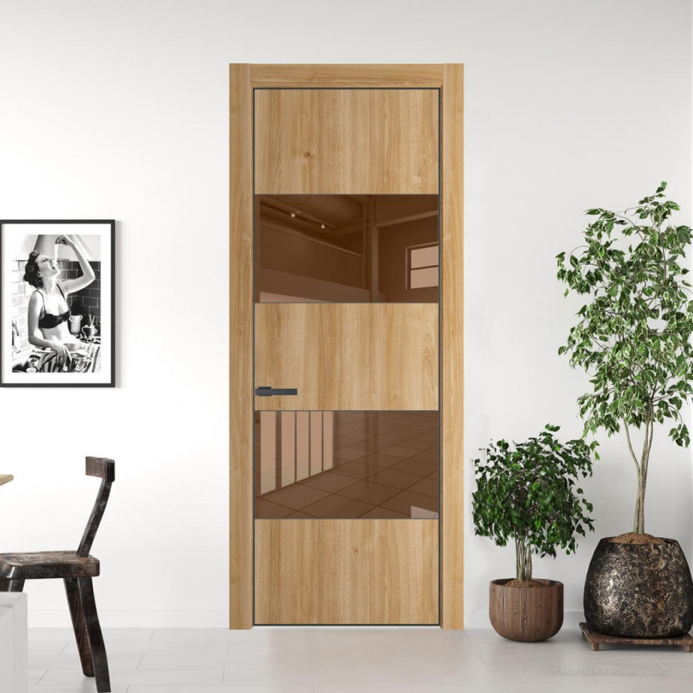 Межкомнатная дверь ProfilDoors 22NA Дуб Карамель профиль Серая Ночь вставка Зеркало Bronza