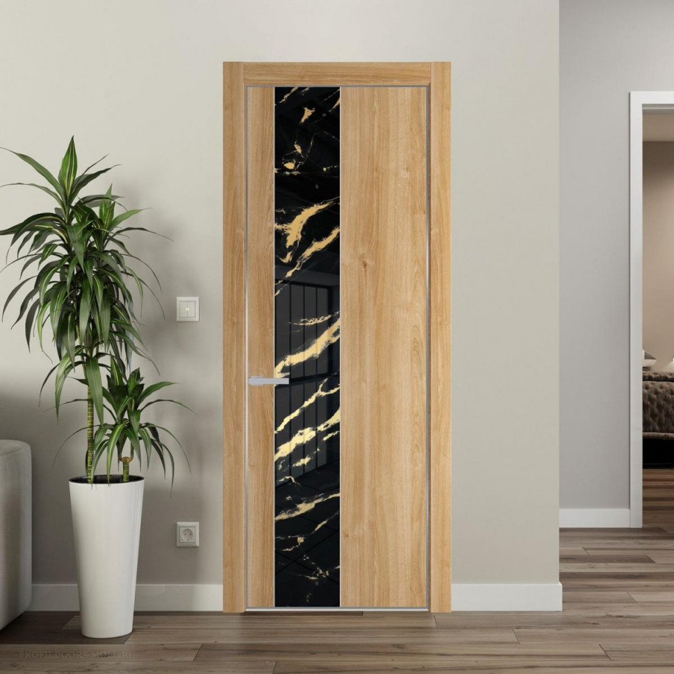 Межкомнатная дверь ProfilDoors 19 NE Дуб Карамель с кромкой Серебро с стекляной вставкой нефи черный узор золото