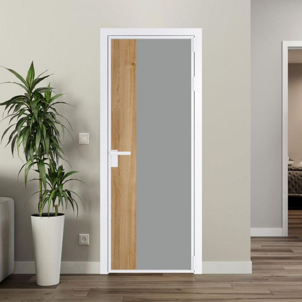 Межкомнатная дверь ProfilDoors 7 AG стекло Монохром серый триплекс цвет профиля Вайт вставка Дуб Карамель