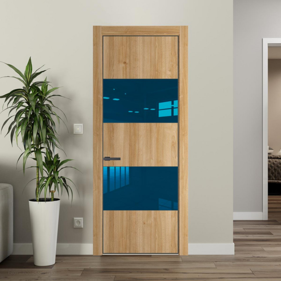 Межкомнатная дверь ProfilDoors 22NA Дуб Карамель профиль Серая Ночь вставка Зеркало Blue