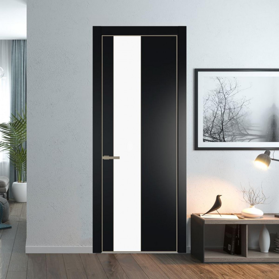 Межкомнатная дверь ProfilDoors 19 PE с вставкой из стекла монохром белый просветленный Блэк с алюминиевой кромкой Никель