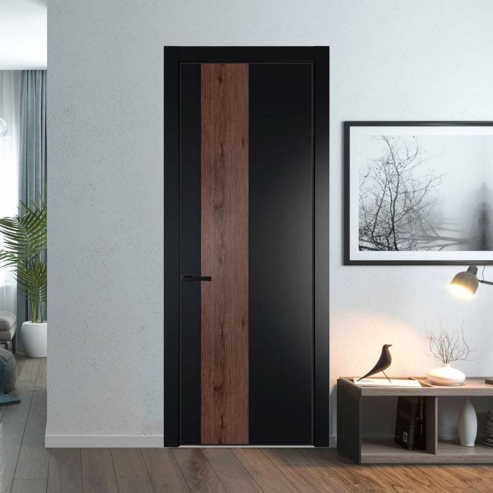 Межкомнатная дверь ProfilDoors 19 PE с вставкой Дуб Тобакко Блэк с алюминиевой кромкой Черный