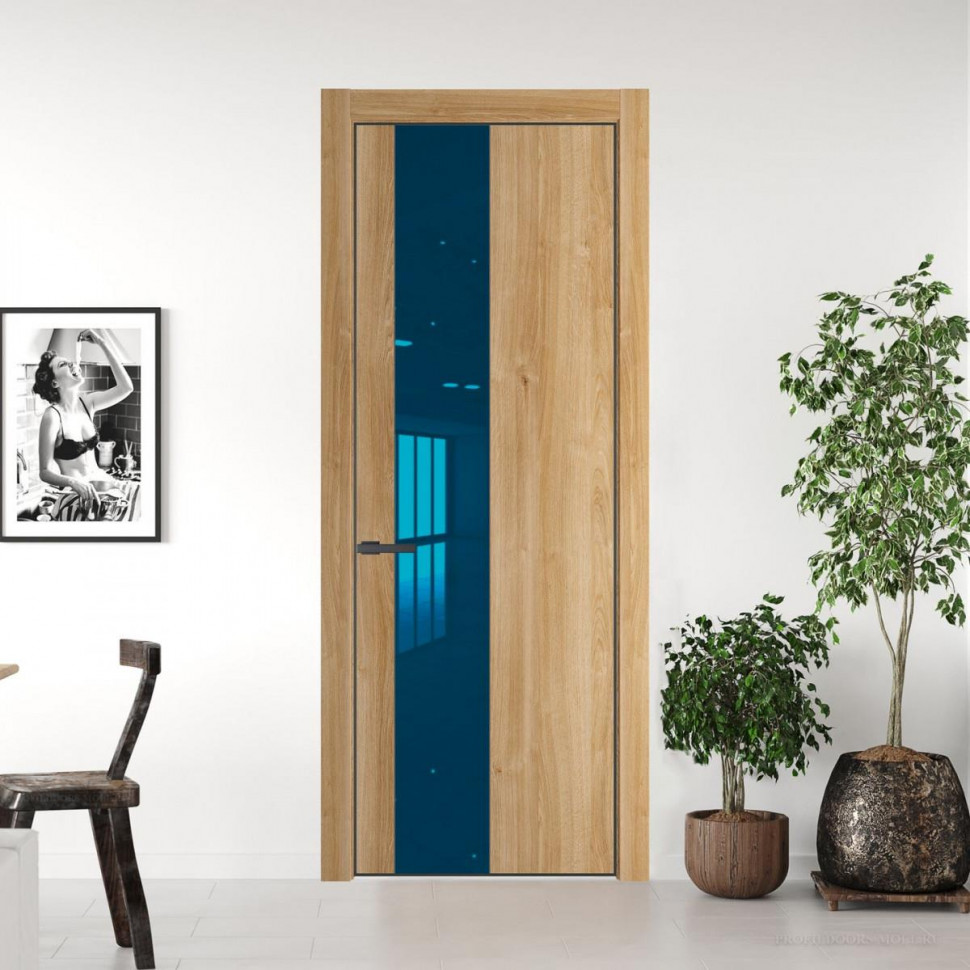 Межкомнатная дверь ProfilDoors 19 NE Дуб Карамель с кромкой Серая Ночь с стекляной вставкой зеркало blue
