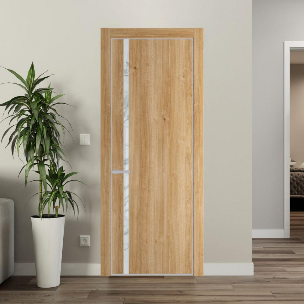 Межкомнатная дверь ProfilDoors 21 NE Дуб Карамель с кромкой Матовая с стекляной вставкой нефи белый узор серебро