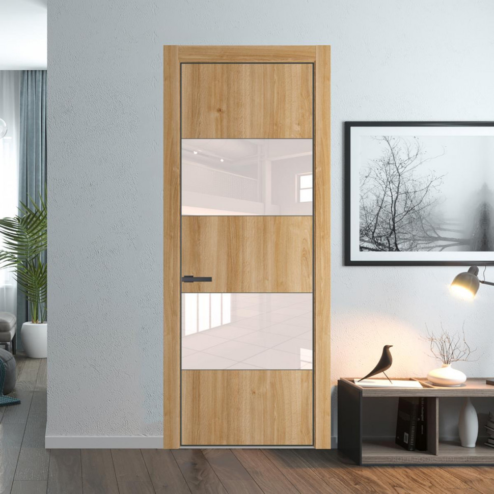 Межкомнатная дверь ProfilDoors 22NA Дуб Карамель профиль Серая Ночь вставка Lacobel Перламутровый лак
