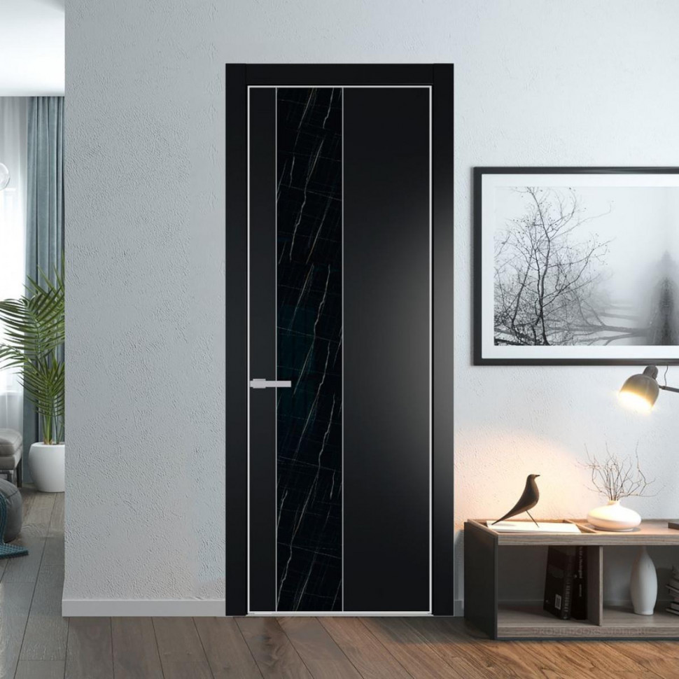 Межкомнатная дверь ProfilDoors 19 PE с вставкой из стекла неро мрамор Блэк с алюминиевой кромкой Матовая