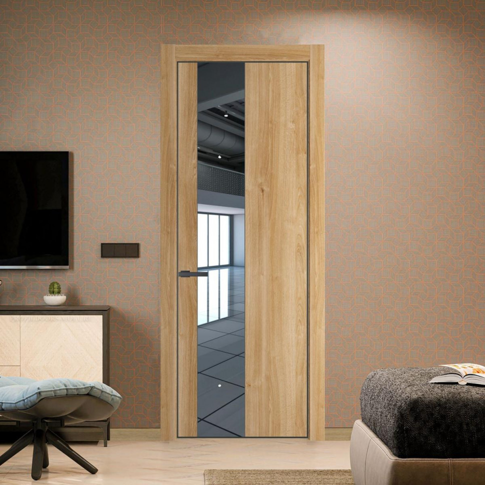 Межкомнатная дверь ProfilDoors 19 NE Дуб Карамель с кромкой Серая Ночь с стекляной вставкой зеркало