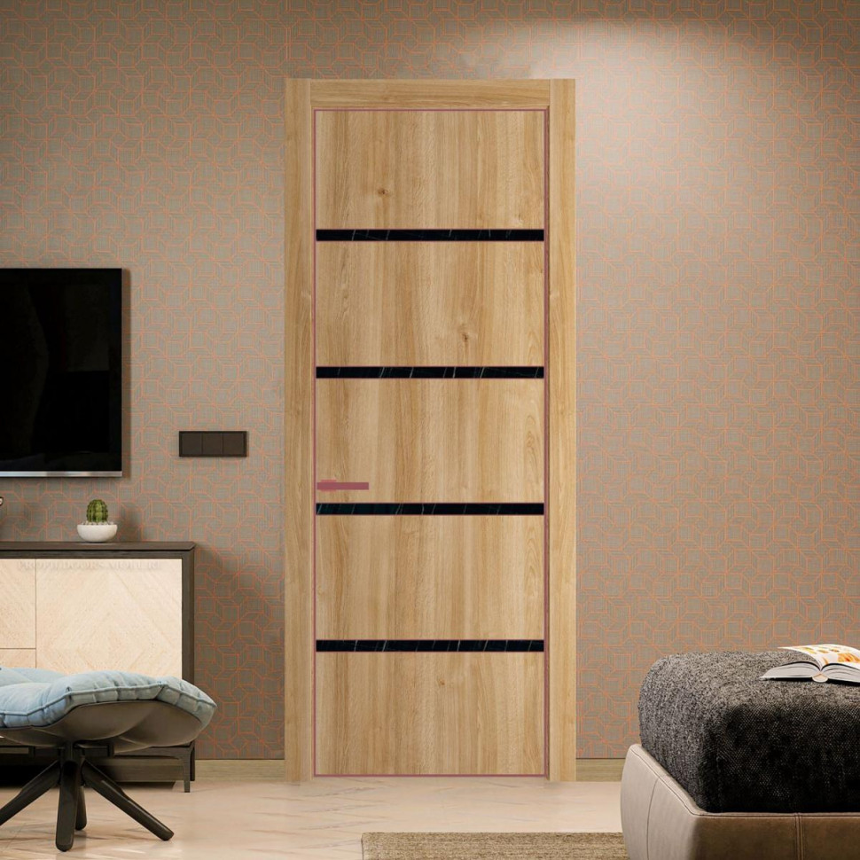Межкомнатная дверь ProfilDoors 23 NE Дуб Карамель с кромкой Красный антрацит с стекляной вставкой неро мрамор